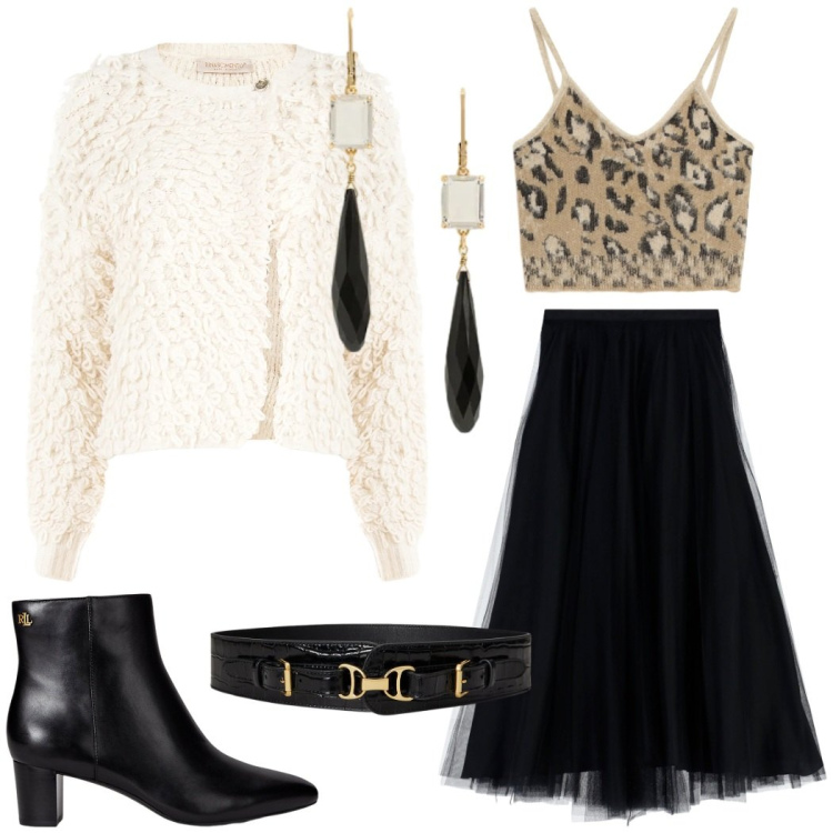 Outfit donna - Serata speciale. Stile Glamour per Serata fuori. Abbinamento con cardigans, gonne lunghe, top, stivaletti, orecchini, cinture.