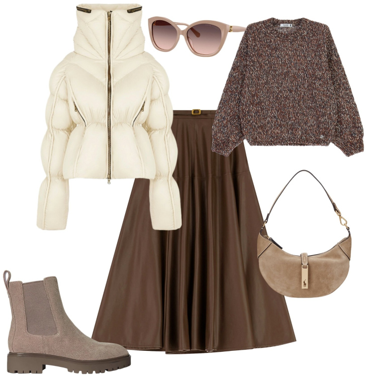 Outfit donna - Casual chic. Stile Casual chic per Tutti i giorni. Abbinamento con maglieria, gonne lunghe, borse a spalla, stivaletti chelsea, occhiali da sole, piumini.