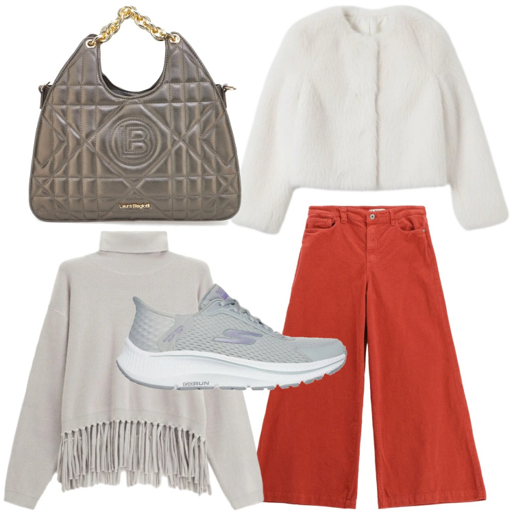 Outfit donna - Look daily. Stile Glamour per Tutti i giorni. Abbinamento con maglieria, pantaloni, ecopellicce, borse a mano, sneakers.