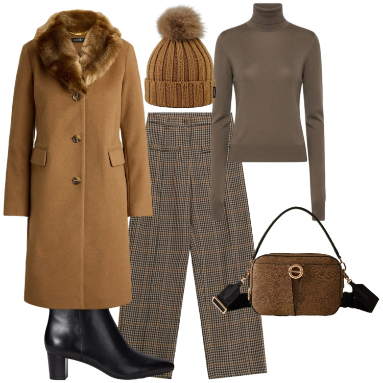 Outfit donna - Casual chic. Stile Casual chic per Tutti i giorni. Abbinamento con pantaloni a palazzo, borse a tracolla, stivaletti, cappotti, berretti, maglieria.