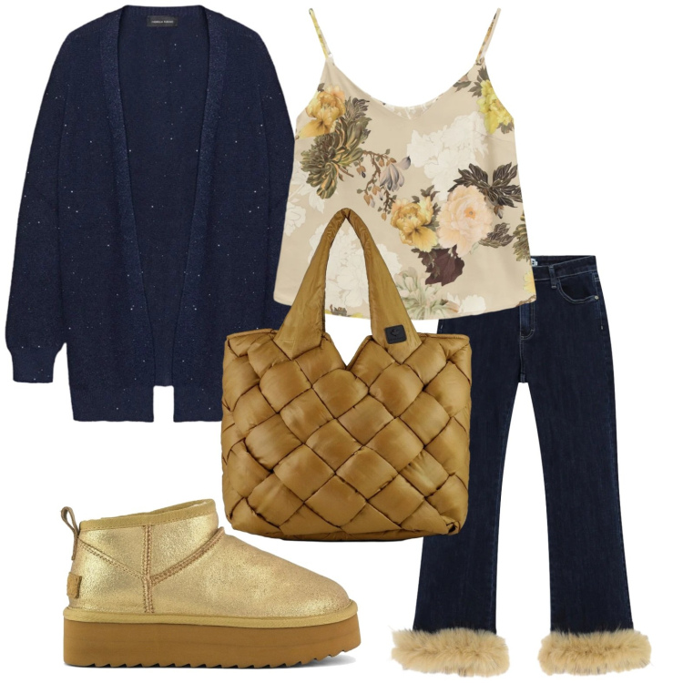 Outfit donna - Dettagli di ecopelliccia. Stile Glamour per Tutti i giorni. Abbinamento con pantaloni, top, borse tote, cardigans, stivaletti.