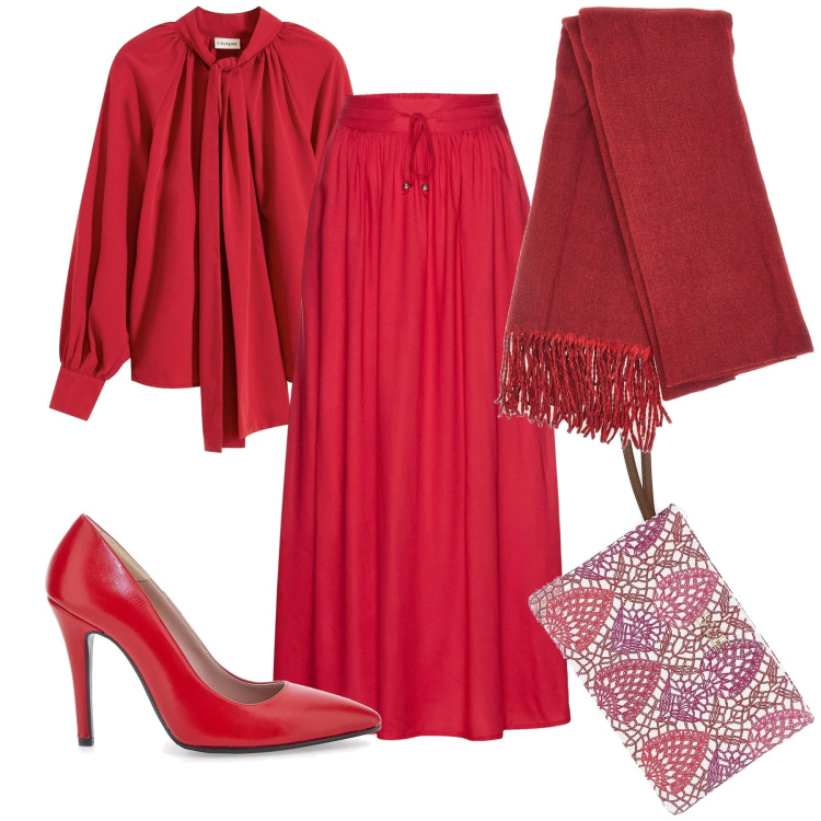 Outfit donna - Red night. Stile Glamour per Serata fuori. Abbinamento con gonne lunghe, camicie, décolleté, pochette, sciarpe.