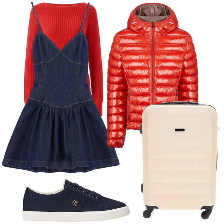 Outfit donna - Look dinamico. Stile Minimal per Tutti i giorni. Abbinamento con vestiti corti, pullovers, sneakers, blazer, valigie.