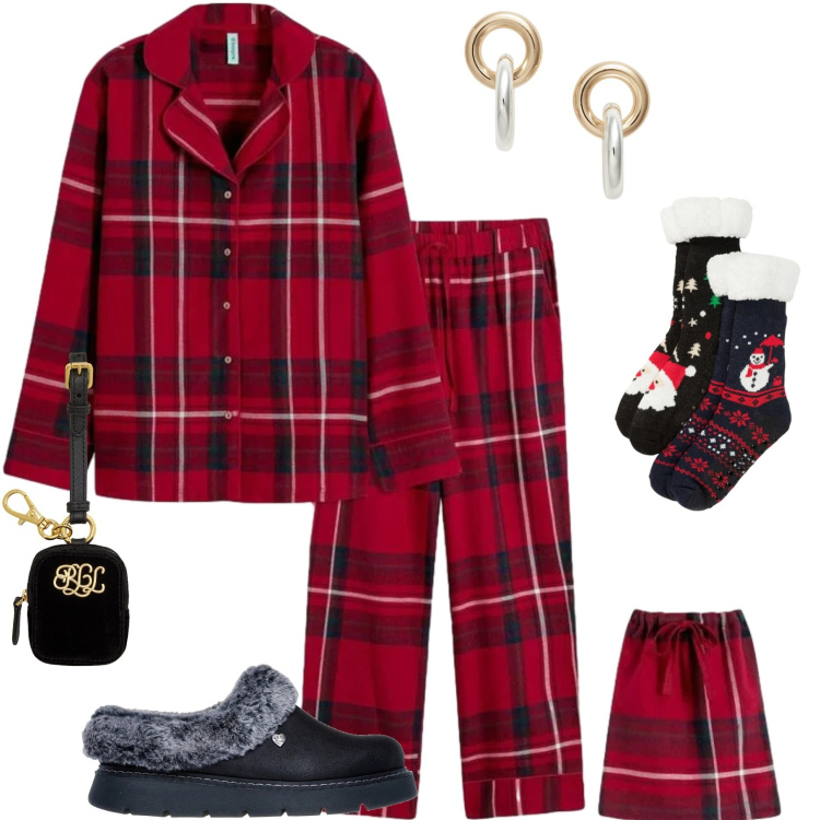 Outfit donna - Relax At Home. Stile Casual per Tutti i giorni. Abbinamento con pigiama, calzini, orecchini, pochette, ciabatte.