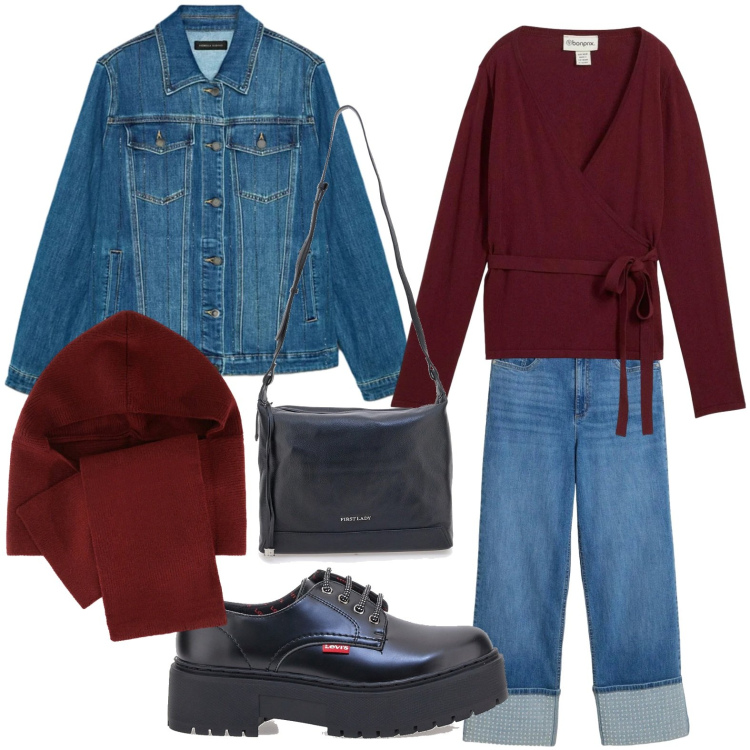 Outfit donna - Denim gessato. Stile Basic per Tutti i giorni. Abbinamento con jeans dritti, cardigans, sciarpe, francesine, blazer, borse a tracolla.