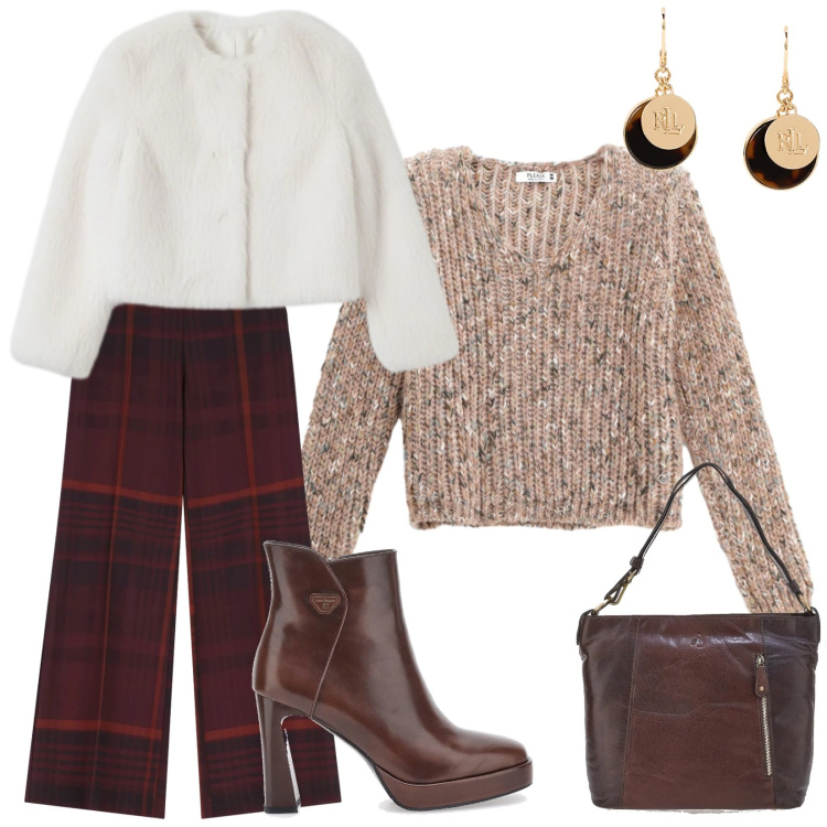 Outfit donna - Brillante per le feste. Stile Sporty chic per Serata fuori. Abbinamento con maglieria, ecopellicce, pantaloni a palazzo, orecchini, stivaletti, borse a spalla.