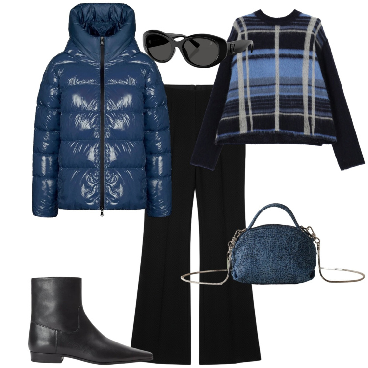 Outfit donna - Sporty chic blu denim nero. Stile Sporty chic per Tutti i giorni. Abbinamento con pantaloni a palazzo, maglieria, borse a mano, occhiali da sole, stivaletti, piumini.
