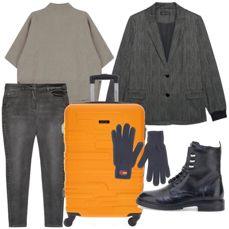 Outfit donna - La valigia ideale. Stile Casual per Tutti i giorni. Abbinamento con maglieria, blazer, jeans skinny, anfibi, valigie, guanti.