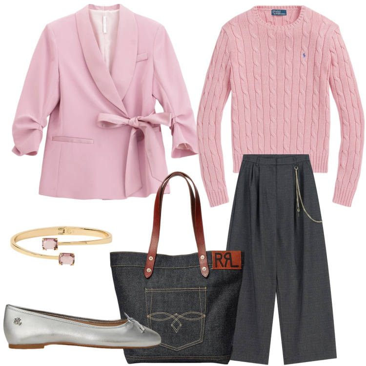 Outfit donna - Il blazer di classe. Stile Minimal per Ufficio. Abbinamento con blazer, pantaloni a palazzo, borse tote, ballerine, braccialetti, maglieria.