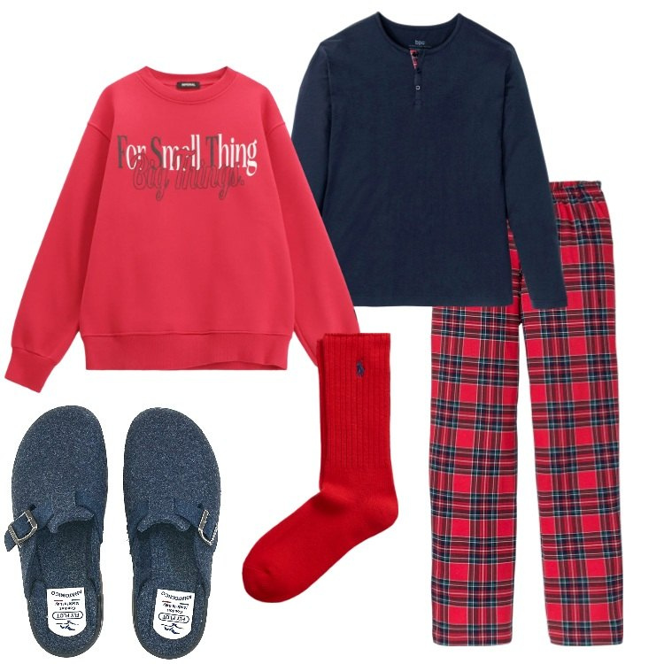 Outfit uomo - Comodo a casa. Stile Casual per Tutti i giorni. Abbinamento con abbigliamento da notte, felpe, calzini, pantofole.