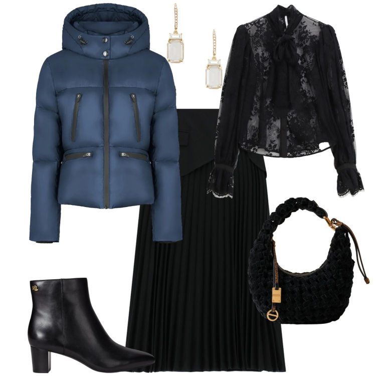 Outfit donna - Casual chic serata speciale. Stile Casual chic per Serata fuori. Abbinamento con gonne lunghe, camicie, borse a mano, stivaletti, orecchini, piumini.