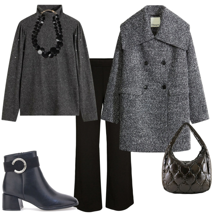Outfit donna - In città. Stile Casual chic per Ufficio. Abbinamento con cappotti, pantaloni a palazzo, maglieria, borse tote, stivaletti, collane.