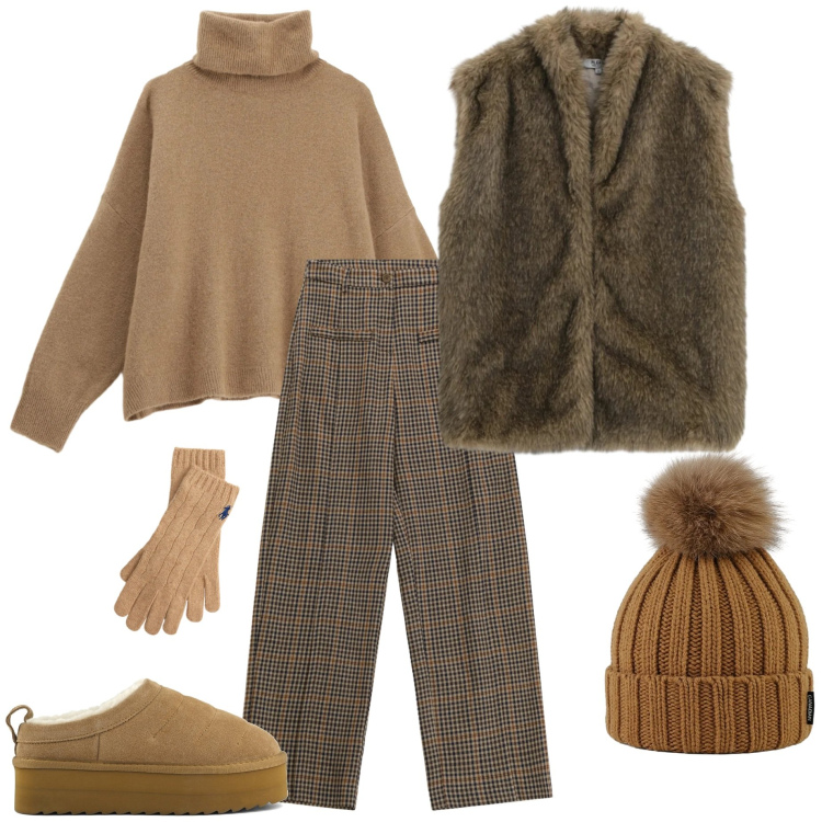 Outfit donna - Dicembre. Stile Casual chic per Tutti i giorni. Abbinamento con blazer, maglieria, pantaloni a palazzo, guanti, berretti, sabot.