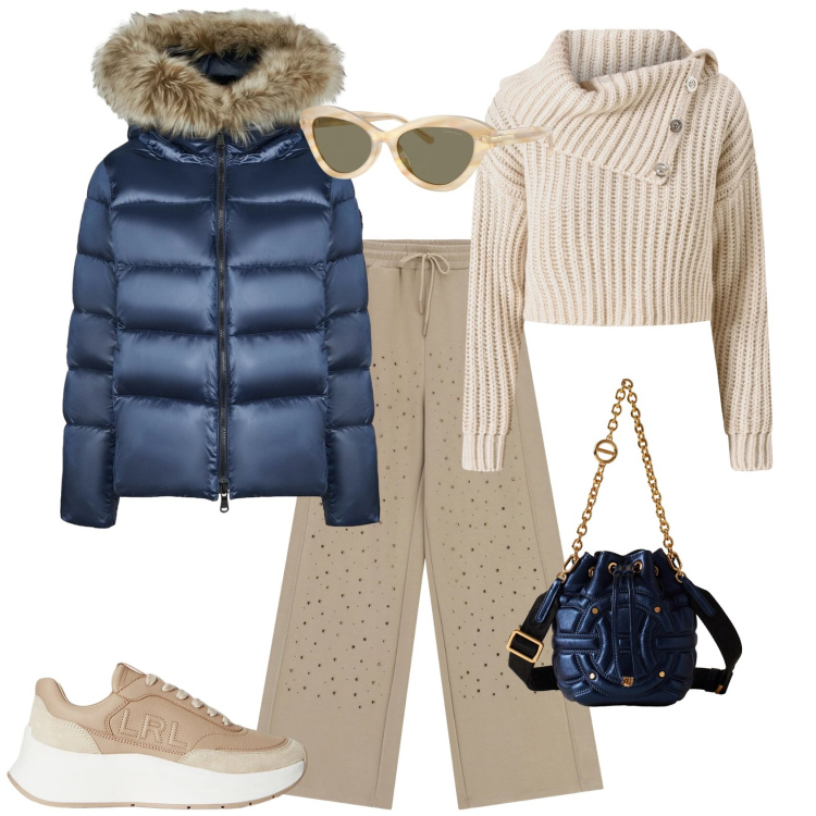 Outfit donna - Sporty chic blu denim beige. Stile Sporty chic per Tutti i giorni. Abbinamento con maglieria, pantaloni, borse a secchiello, sneakers, occhiali da sole, piumini.