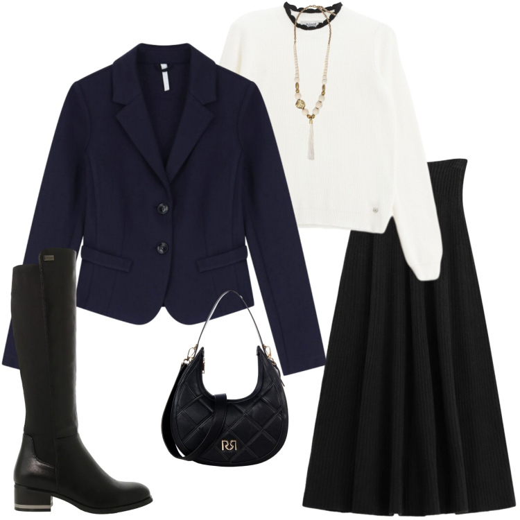 Outfit donna - Black and White. Stile Casual chic per Serata fuori. Abbinamento con pullovers, borse a tracolla, gonne lunghe, stivali sopra il ginocchio, blazer, ciondoli.