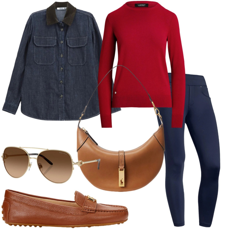 Outfit donna - Mocassini eleganti. Stile Glamour per Ufficio. Abbinamento con camicie, jeggings, maglieria, borse a spalla, mocassini, occhiali da sole.