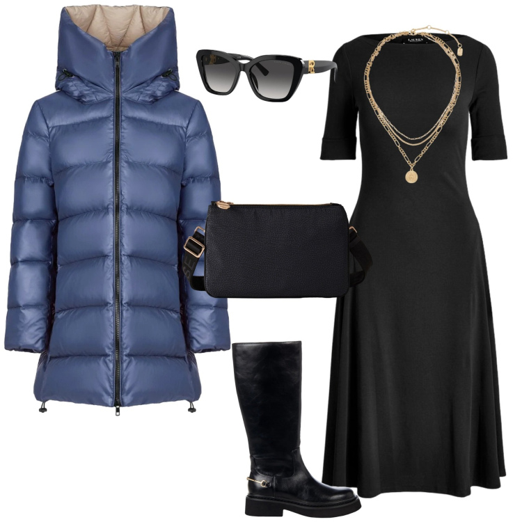 Outfit donna - Casual chic denim e nero. Stile Casual chic per Tutti i giorni. Abbinamento con stivali sopra il ginocchio, borse a tracolla, occhiali da sole, vestiti, ciondoli, cappotti.