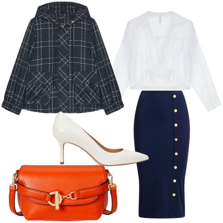 Outfit donna - Look navy. Stile Chic per Ufficio. Abbinamento con camicie, gonne, décolleté, borse a tracolla, blazer.