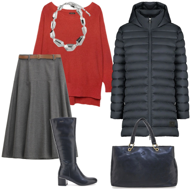 Outfit donna - Domenica sera. per Tutti i giorni. Abbinamento con gonne lunghe, piumini, pullovers, stivali, ciondoli, borse a mano.