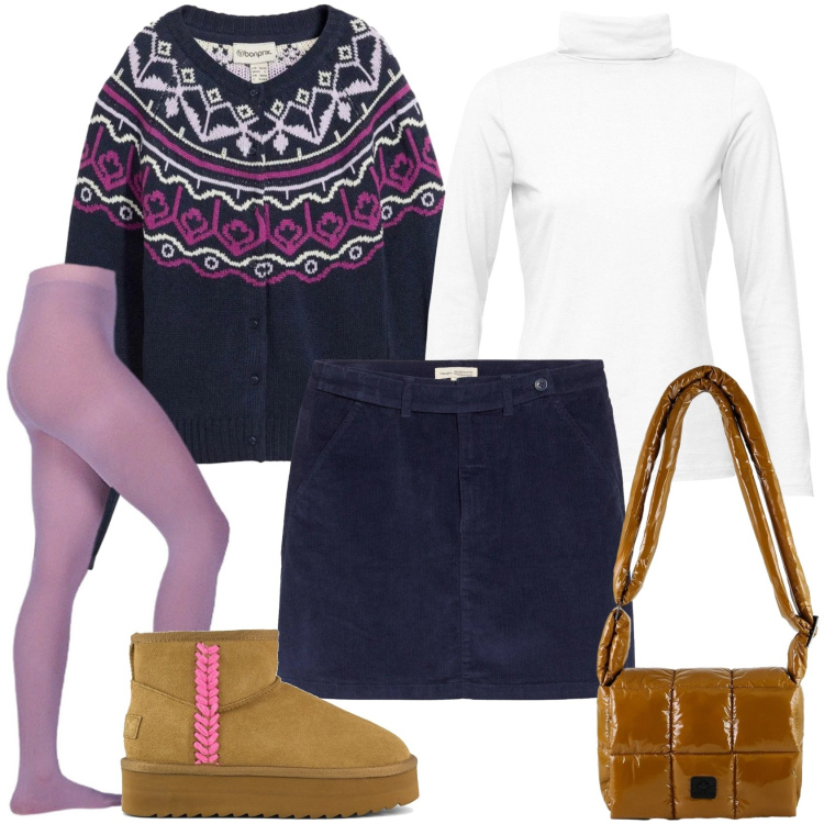 Outfit donna - Comfy at Home. Stile Casual per Tutti i giorni. Abbinamento con minigonne, cardigans, maglieria, collant, borse a spalla, stivaletti.