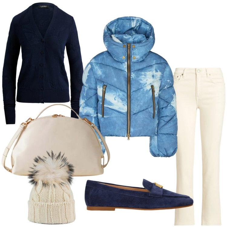 Outfit donna - Guardaroba urban. Stile Urban per Tutti i giorni. Abbinamento con borse a mano, mocassini, jeans dritti, cardigans, berretti, piumini.
