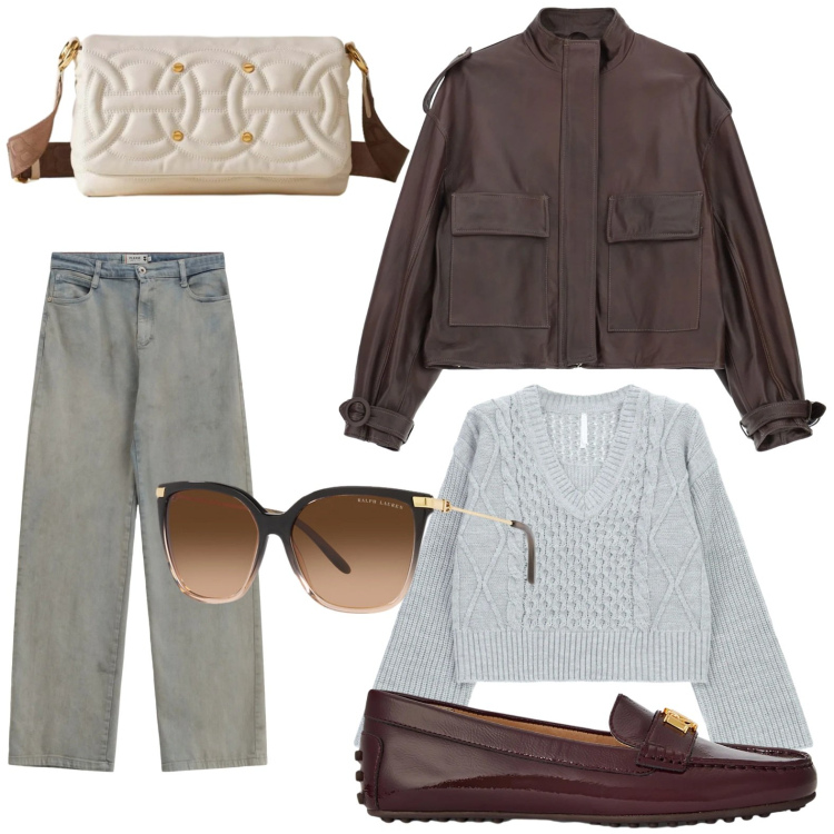 Outfit donna - La giacca versatile. Stile Casual per Ufficio. Abbinamento con pantaloni a palazzo, giacche, maglieria, borse a tracolla, mocassini, occhiali da sole.