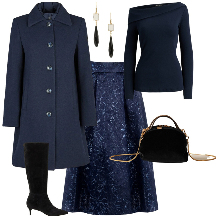 Outfit donna - Bon ton evento serata speciale. Stile Bon Ton per Serata fuori. Abbinamento con gonne longuette, borse a mano, top, stivali, orecchini, cappotti.