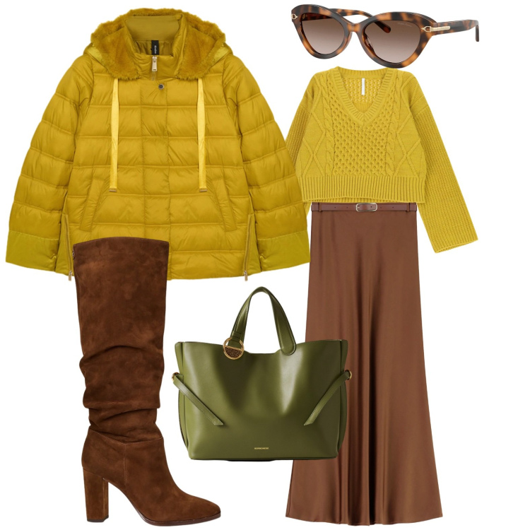 Outfit donna - Chic in the city. Stile Chic per Tutti i giorni. Abbinamento con gonne lunghe, maglieria, shopping bag, stivali, occhiali da sole, piumini.