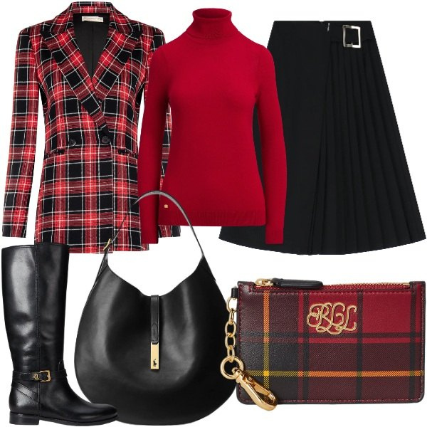 Outfit donna - Il tartan racconta l’inverno. Stile Glamour per Serata fuori. Abbinamento con blazer, gonne longuette, borse a spalla, maglieria, stivali, portafogli.