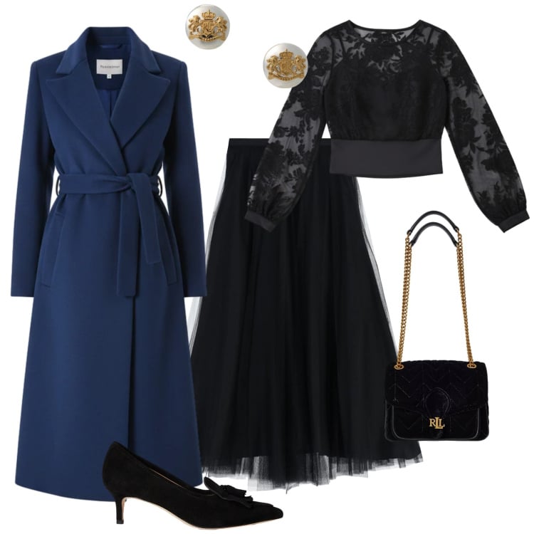 Outfit donna - Bon ton evento serata speciale. Stile Bon Ton per Serata fuori. Abbinamento con cappotti, bluse, gonne lunghe, borse a spalla, décolleté, orecchini.