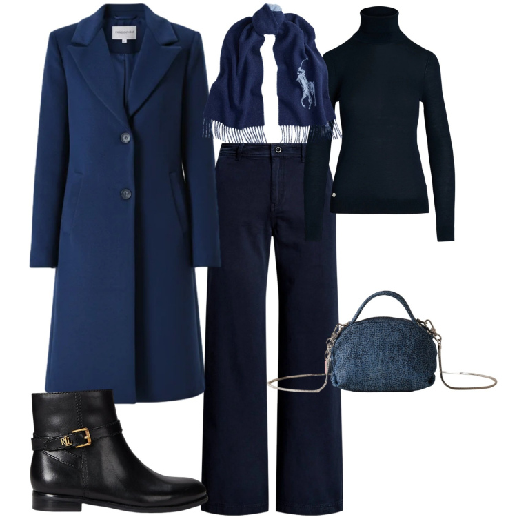 Outfit donna - Trendy toni blu. Stile Trendy per Tutti i giorni. Abbinamento con cappotti, borse a mano, maglieria, pantaloni, stivaletti, sciarpe.