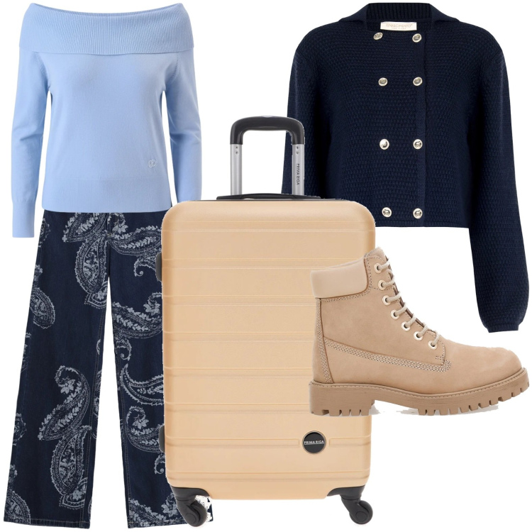 Outfit donna - Viaggiare comoda. Stile Glamour per Tutti i giorni. Abbinamento con jeans, pullovers, blazer, valigie, stivaletti.