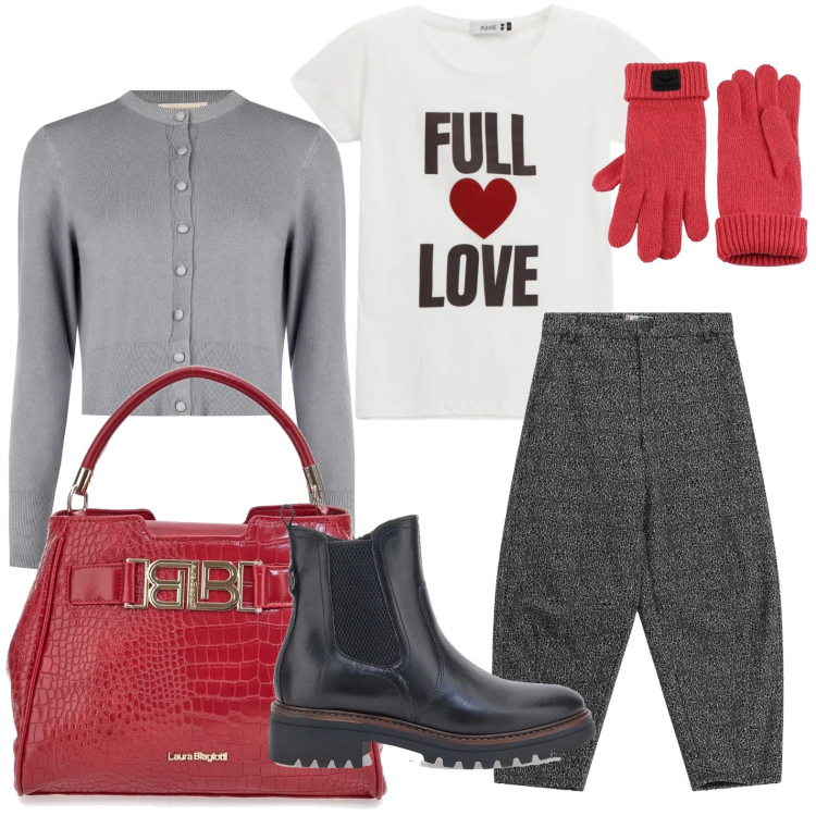 Outfit donna - Full love. Stile Glamour per Serata fuori. Abbinamento con t-shirt, pantaloni, cardigans, guanti, borse a mano, stivaletti chelsea.
