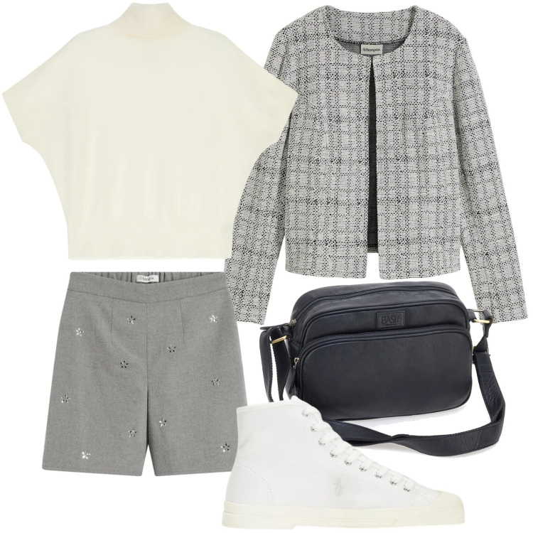 Outfit donna - Shorts invernale. Stile Minimal per Serata fuori. Abbinamento con shorts, cardigans, maglieria, sneakers alte, borse a tracolla.