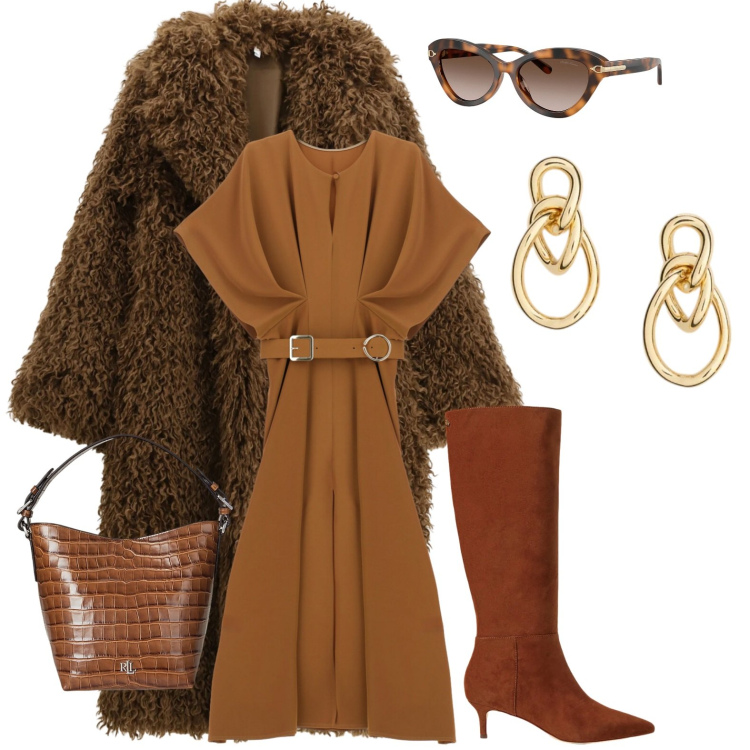 Outfit donna - Chic/Elegante. Stile Chic per Tutti i giorni. Abbinamento con cappotti, vestiti lunghi, stivali, borse a secchiello, occhiali da sole, orecchini.