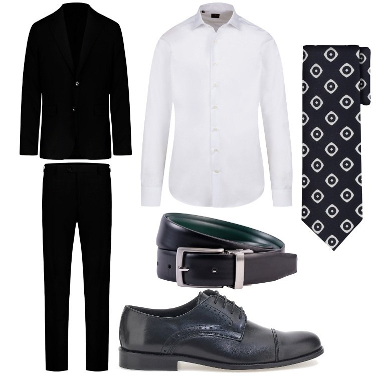 Outfit uomo - Eleganza classica. Stile Business/Elegante per Cerimonia. Abbinamento con abiti, camicie, cravatte, scarpe stringate, cinture.