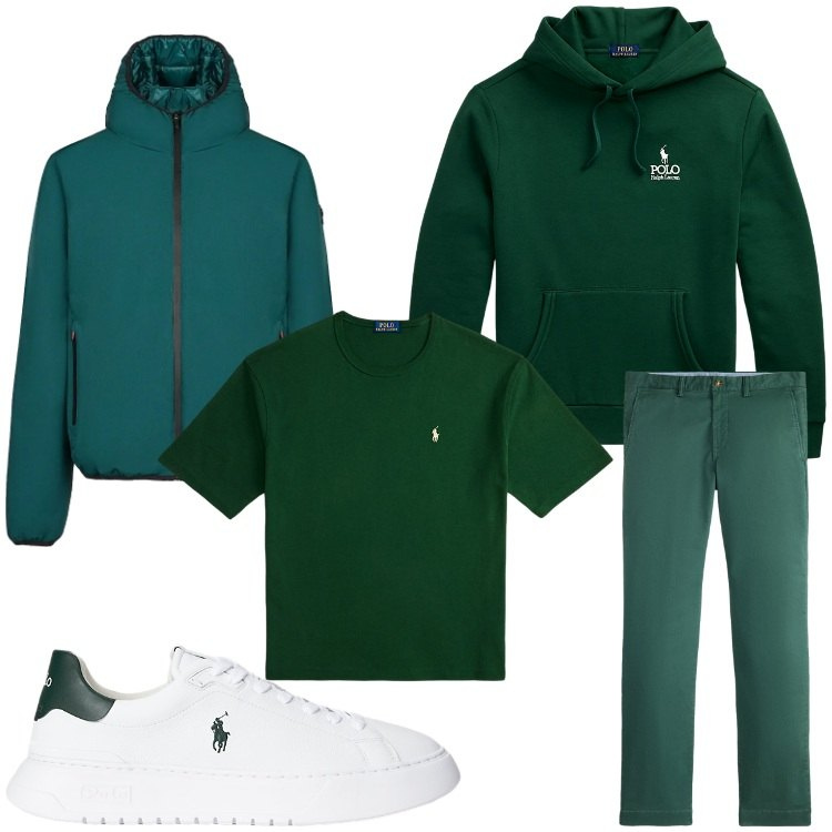 Outfit uomo - Verde inverno. Stile Casual per Tutti i giorni. Abbinamento con sneakers, pantaloni chino, felpe con cappuccio, t-shirt, bomber.