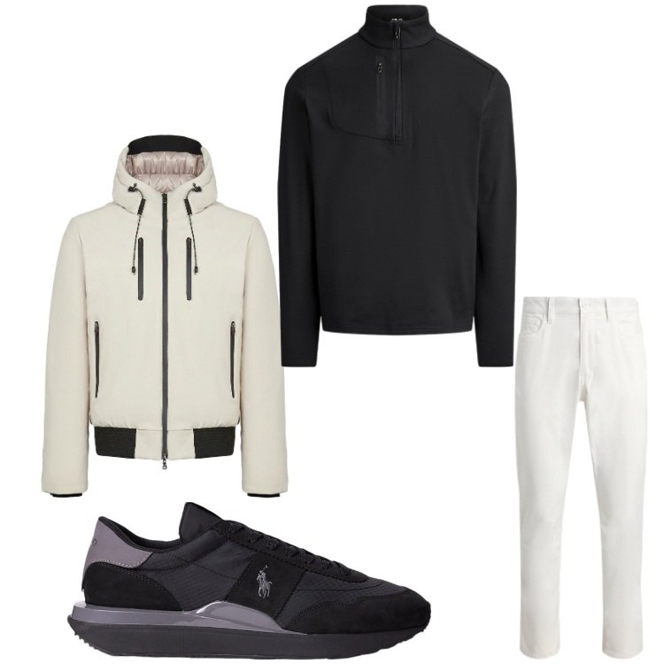 Outfit uomo - Inverno in bianco e nero. Stile Casual per Tutti i giorni. Abbinamento con sneakers, pantaloni, pullovers, giacche.