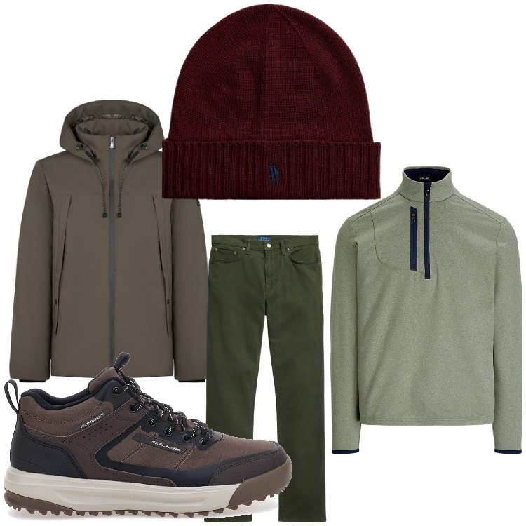 Outfit uomo - Fine settimana. Stile Casual per Tutti i giorni. Abbinamento con berretti, pullovers, pantaloni, giacche, stivali e stivaletti.