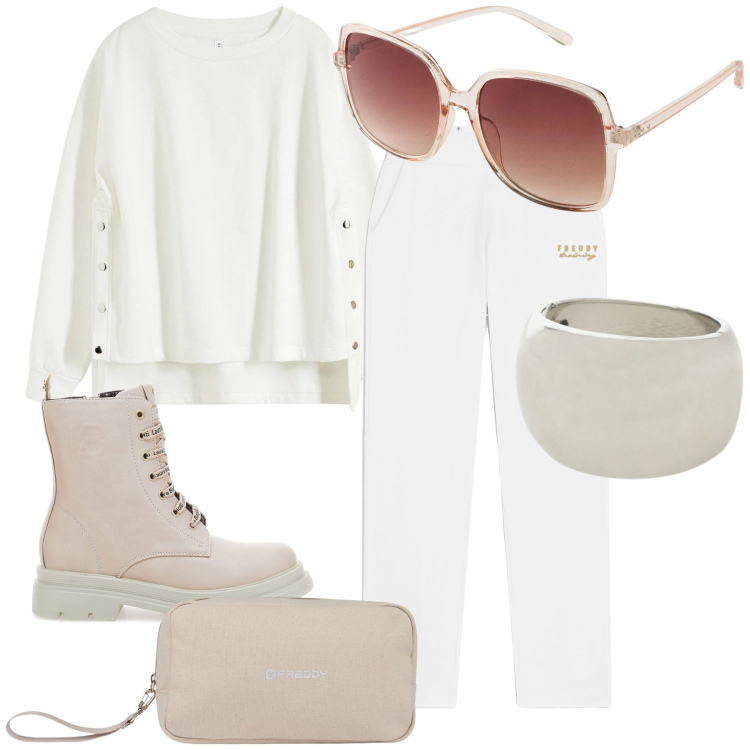 Outfit donna - White Christmas. Stile Trendy per Tutti i giorni. Abbinamento con occhiali da sole, felpe, braccialetti, valigie, pantaloni, anfibi.