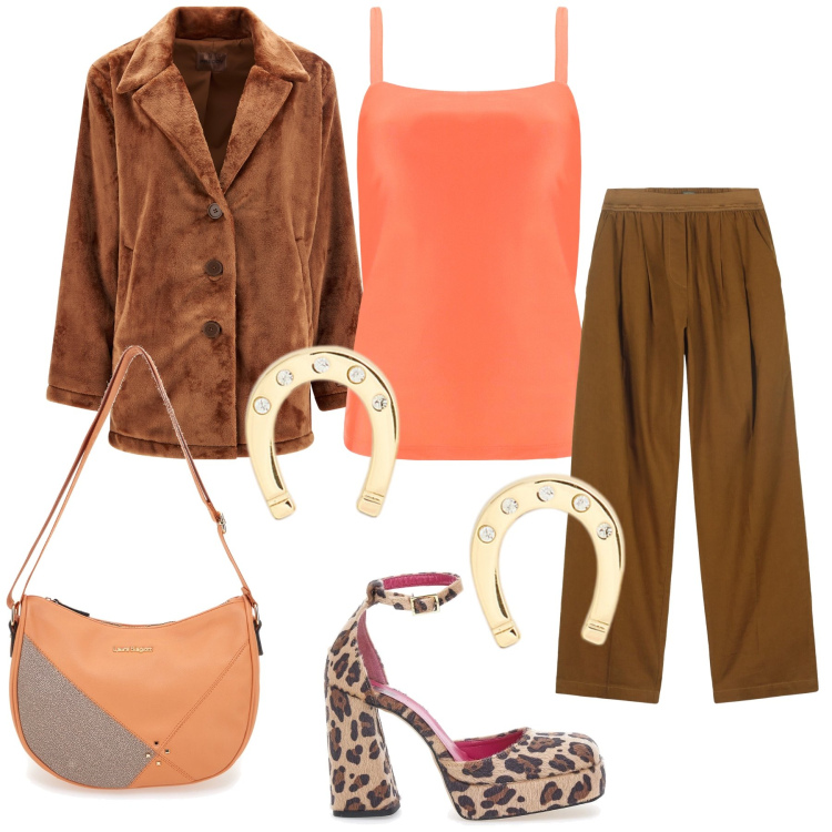 Outfit donna - Total look. Stile Trendy per Tutti i giorni. Abbinamento con cappotti, canottiere, orecchini, pantaloni, borse a tracolla, décolleté.