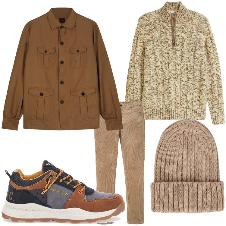 Outfit uomo - Inverno in marrone. Stile Casual per Tutti i giorni. Abbinamento con maglieria, pantaloni, berretti, sneakers, cappotti.