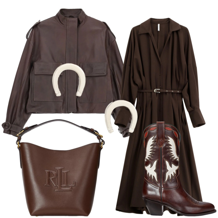 Outfit donna - Casual/chic. Stile Chic per Tutti i giorni. Abbinamento con vestiti lunghi, giacche, orecchini, stivali, borse a secchiello.