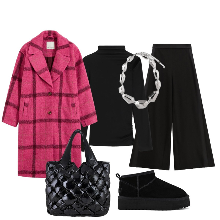 Outfit donna - Contrasto vivace ma elegante. Stile Casual chic per Tutti i giorni. Abbinamento con cappotti, pantaloni a palazzo, pullovers, borse tote, stivaletti, ciondoli.