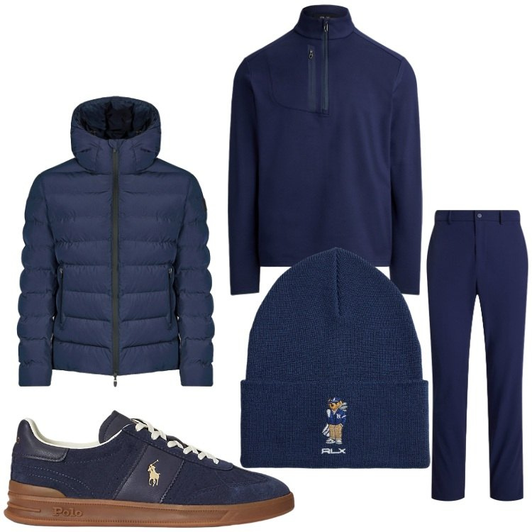 Outfit uomo - Tuttoblu. Stile Casual per Tutti i giorni. Abbinamento con sneakers, pantaloni, pullovers, berretti, bomber.