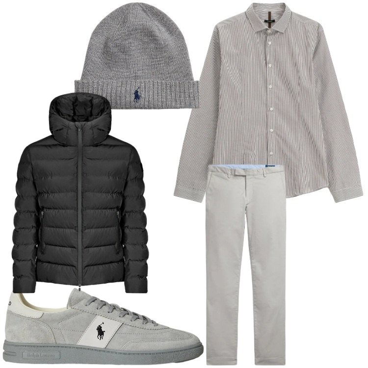 Outfit uomo - Grigio inverno. Stile Casual per Tutti i giorni. Abbinamento con camicie, berretti, pantaloni, sneakers, bomber.