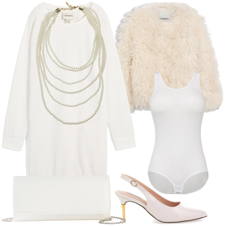 Outfit donna - Sposa di montagna. Stile Bon Ton per Cerimonia. Abbinamento con vestiti, body, pochette, ecopellicce, collane, décolleté.