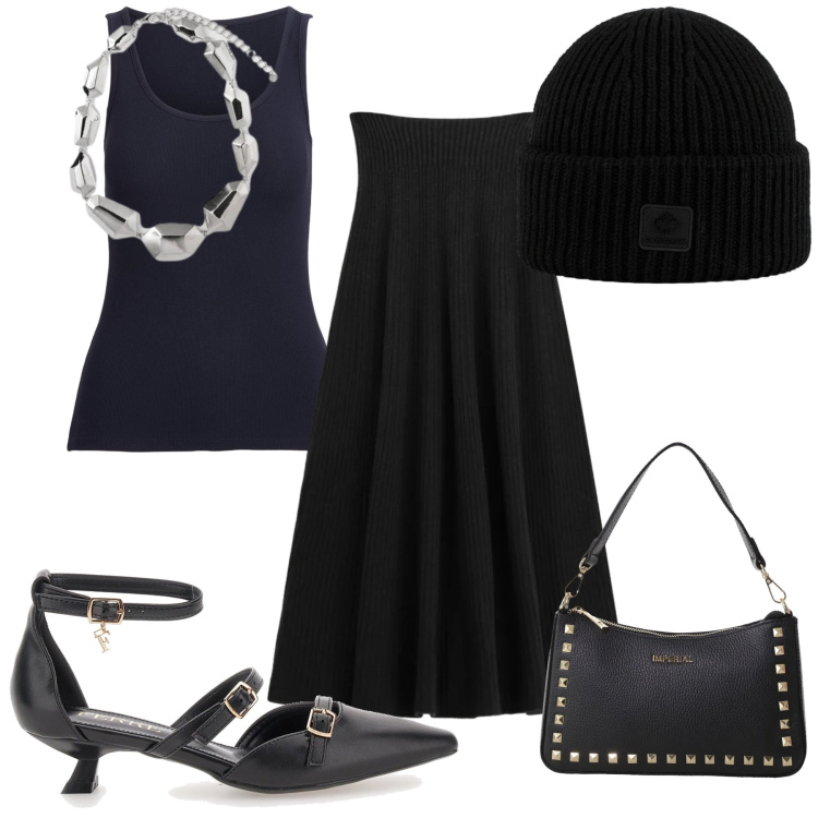 Outfit donna - Black happy hour. Stile Glamour per Serata fuori. Abbinamento con pochette, gonne lunghe, canottiere, berretti, décolleté, ciondoli.