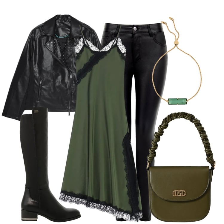 Outfit donna - Chic /Rock. Stile Rock per Serata fuori. Abbinamento con borse a mano, pantaloni skinny, vestiti asimmetrici, stivali sopra il ginocchio, braccialetti, giacche.