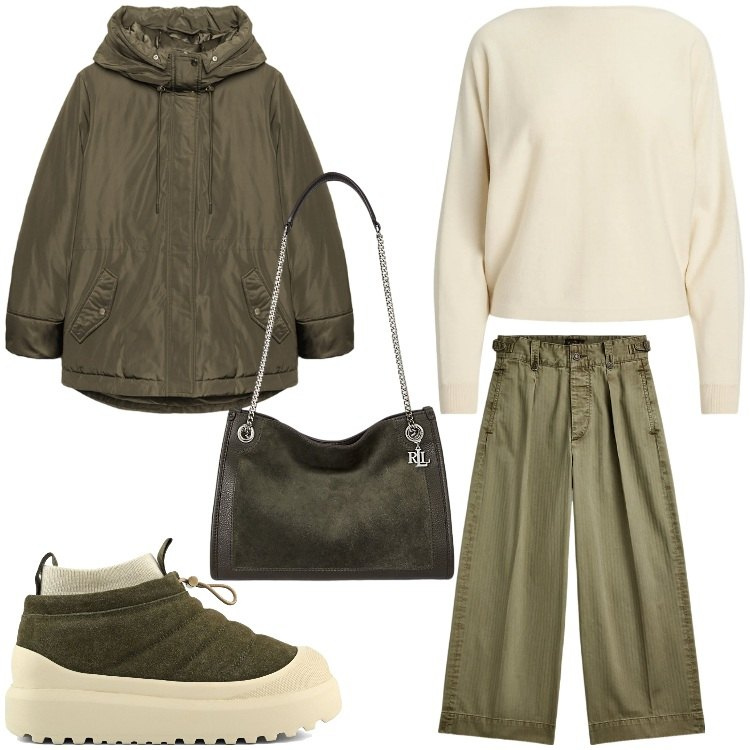 Outfit donna - Chic. Stile Casual chic per Tutti i giorni. Abbinamento con pantaloni, maglieria, borse tote, stivaletti, eskimo.